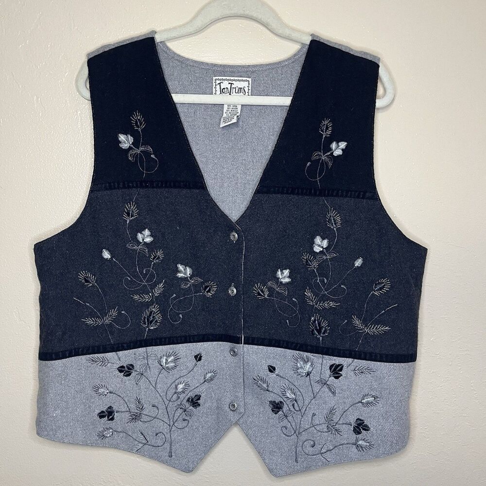 Tantrums Vest Womens 1X VTG 90s Buttons Wool Blend Embroidered Floral Grey Black